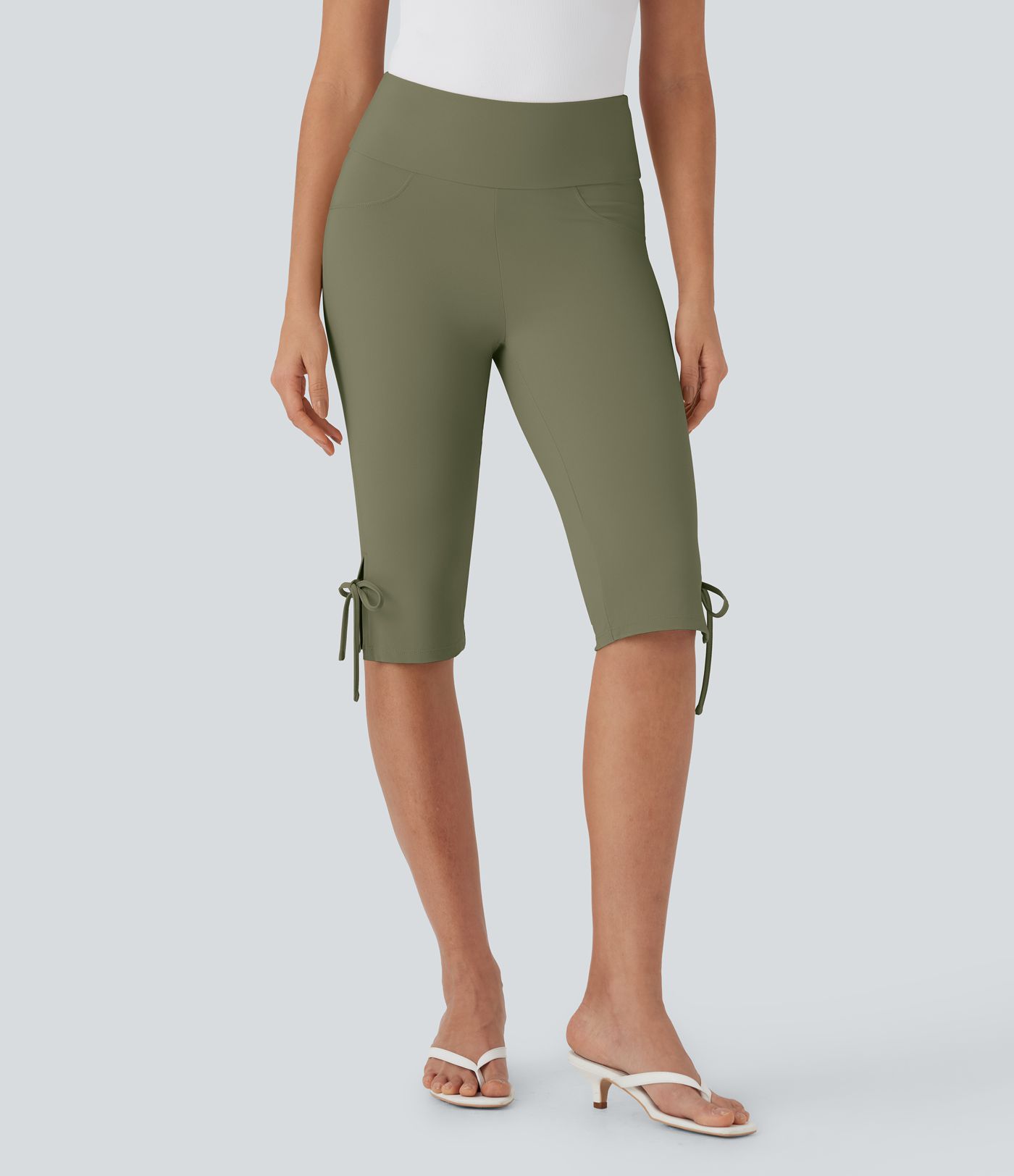 Pantalon corsaire décontracté taille moyenne à laçage avec poches arrière