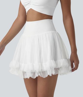 High Waisted Tummy Control Contrast Mesh 2-in-1 Mini Workout Skirt with Pockets