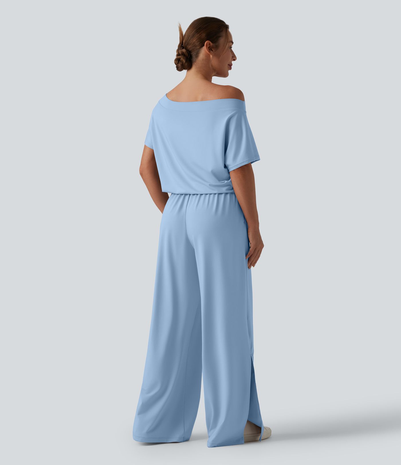 One-shoulder Short Sleeve Split Hem Casual Jumpsuit with Pockets-Easy Peezy