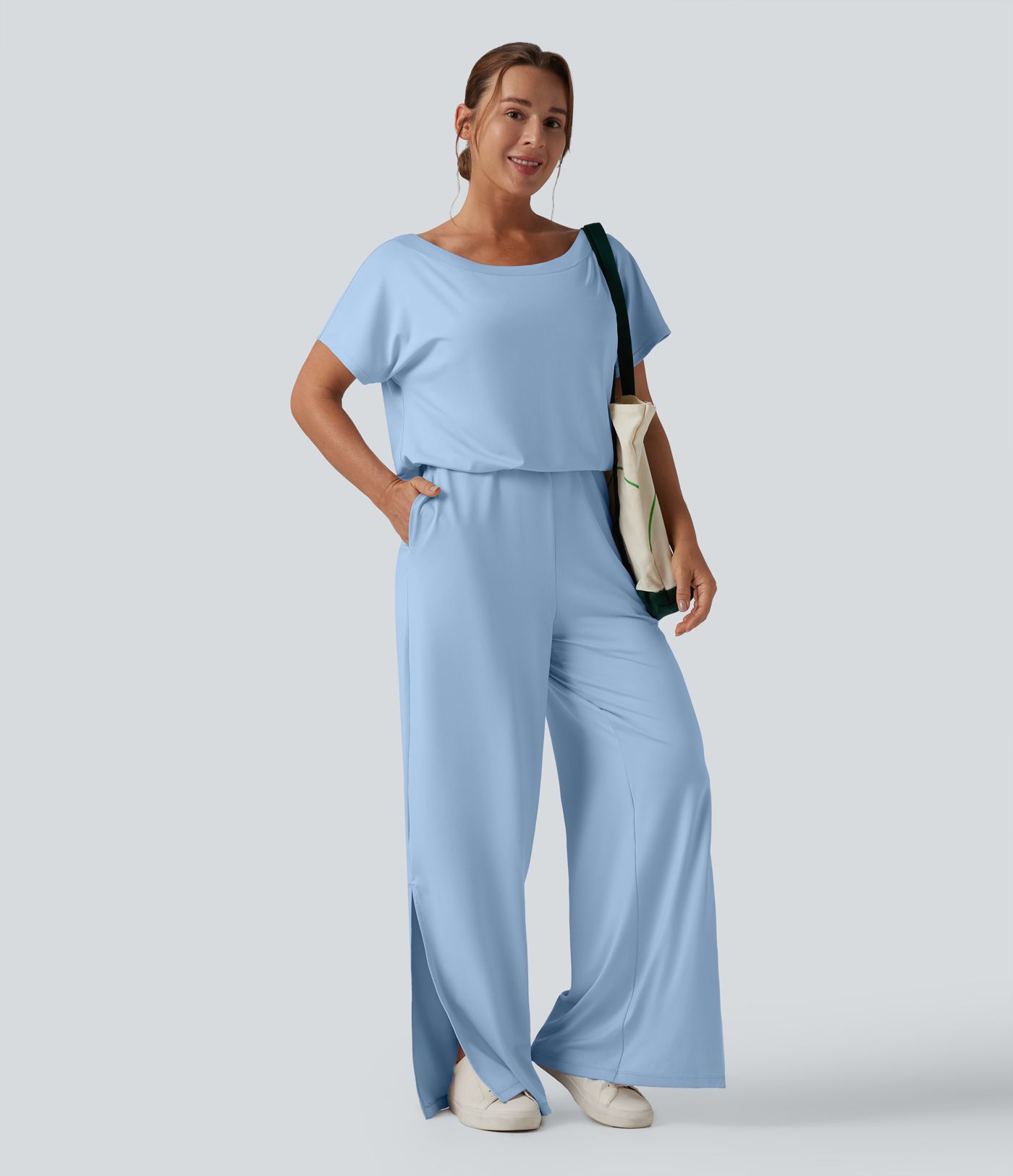 One-shoulder Short Sleeve Split Hem Casual Jumpsuit with Pockets-Easy Peezy