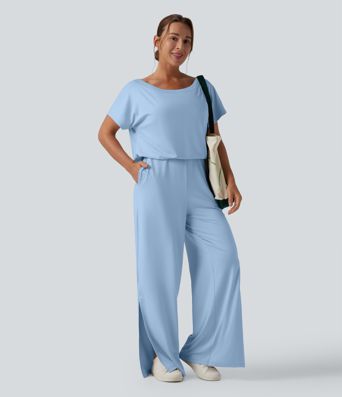 One-shoulder Short Sleeve Split Hem Casual Jumpsuit with Pockets-Easy Peezy