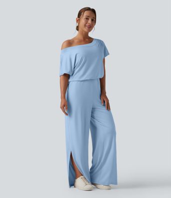 One-shoulder Short Sleeve Split Hem Casual Jumpsuit with Pockets-Easy Peezy