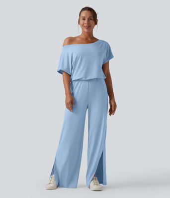 One-shoulder Short Sleeve Split Hem Casual Jumpsuit with Pockets-Easy Peezy