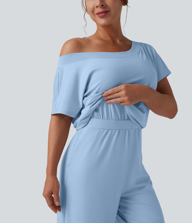 One-shoulder Short Sleeve Split Hem Casual Jumpsuit with Pockets-Easy Peezy