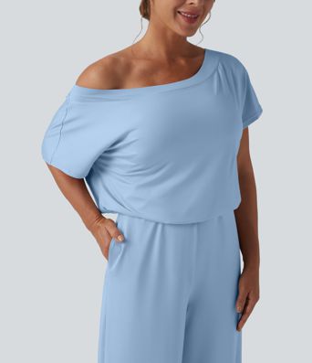 One-shoulder Short Sleeve Split Hem Casual Jumpsuit with Pockets-Easy Peezy