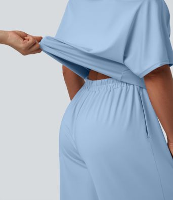 One-shoulder Short Sleeve Split Hem Casual Jumpsuit with Pockets-Easy Peezy