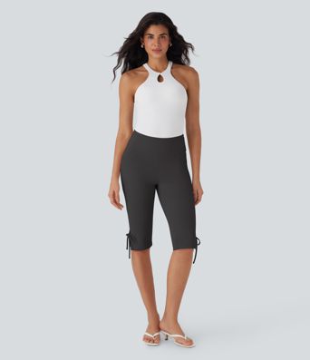 Mid Rise Lace Up Capri Casual Pants with Pockets