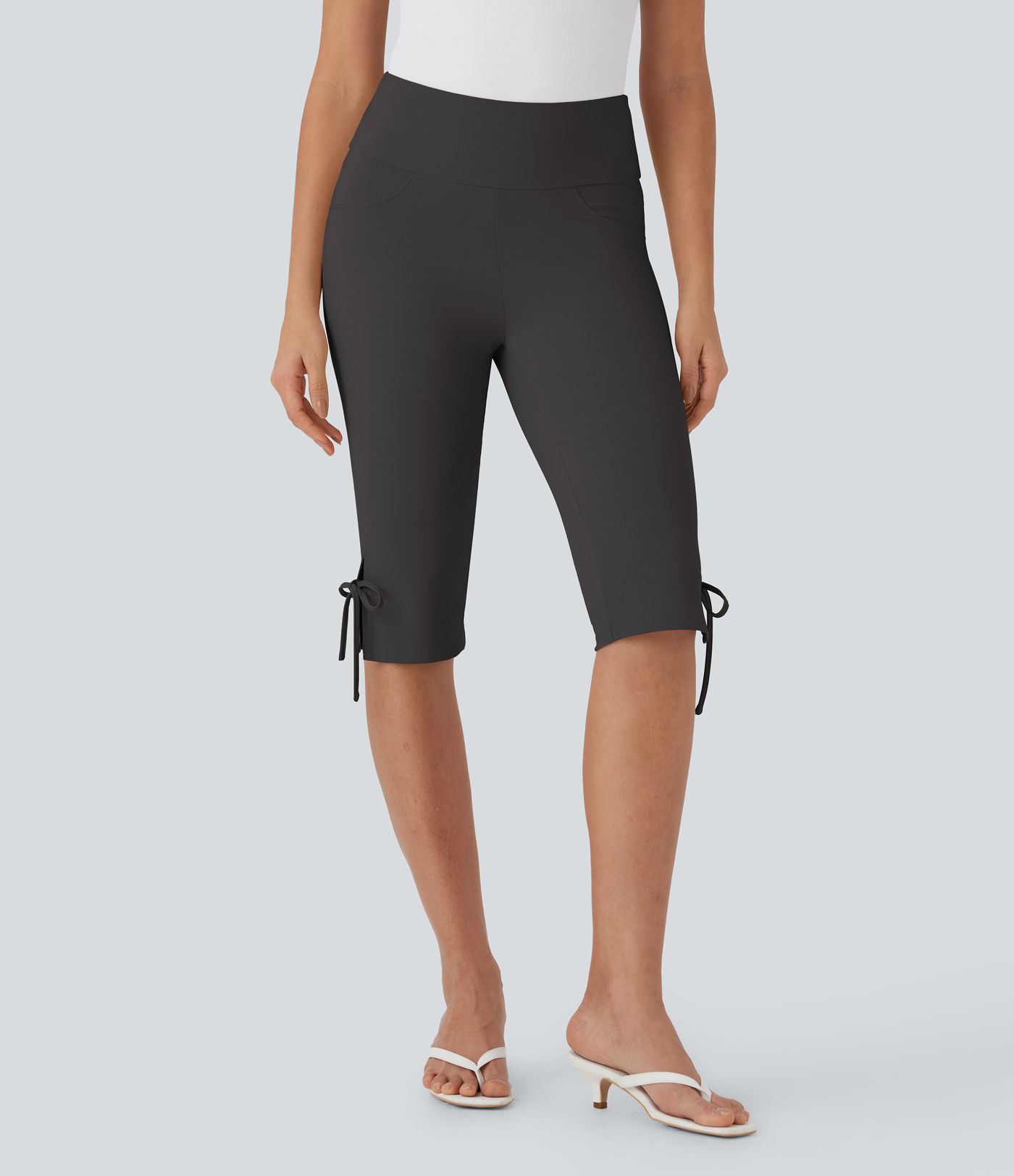 Mid Rise Lace Up Capri Casual Pants with Pockets
