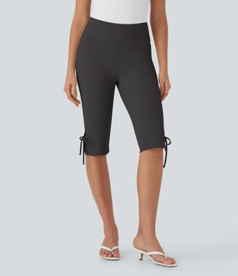 Mid Rise Lace Up Capri Casual Pants with Pockets