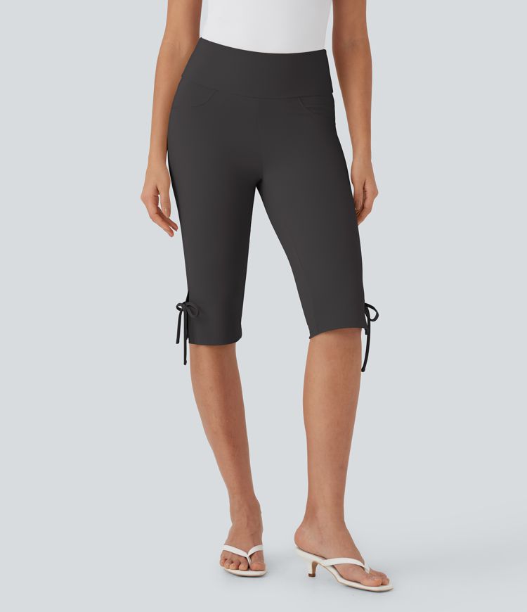 Mid Rise Lace Up Capri Casual Pants with Pockets