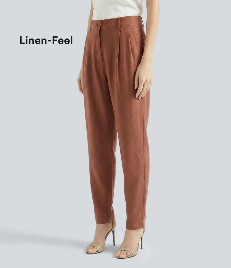 Schmal zulaufende Bürohose in Leinenoptik mit mittelhohem Bund und Seitentaschen