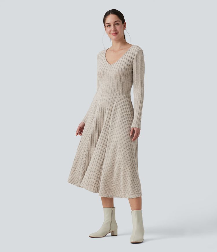Ribbed Knit V Neck Long Sleeve Flare Midi Casual Dress with Pockets