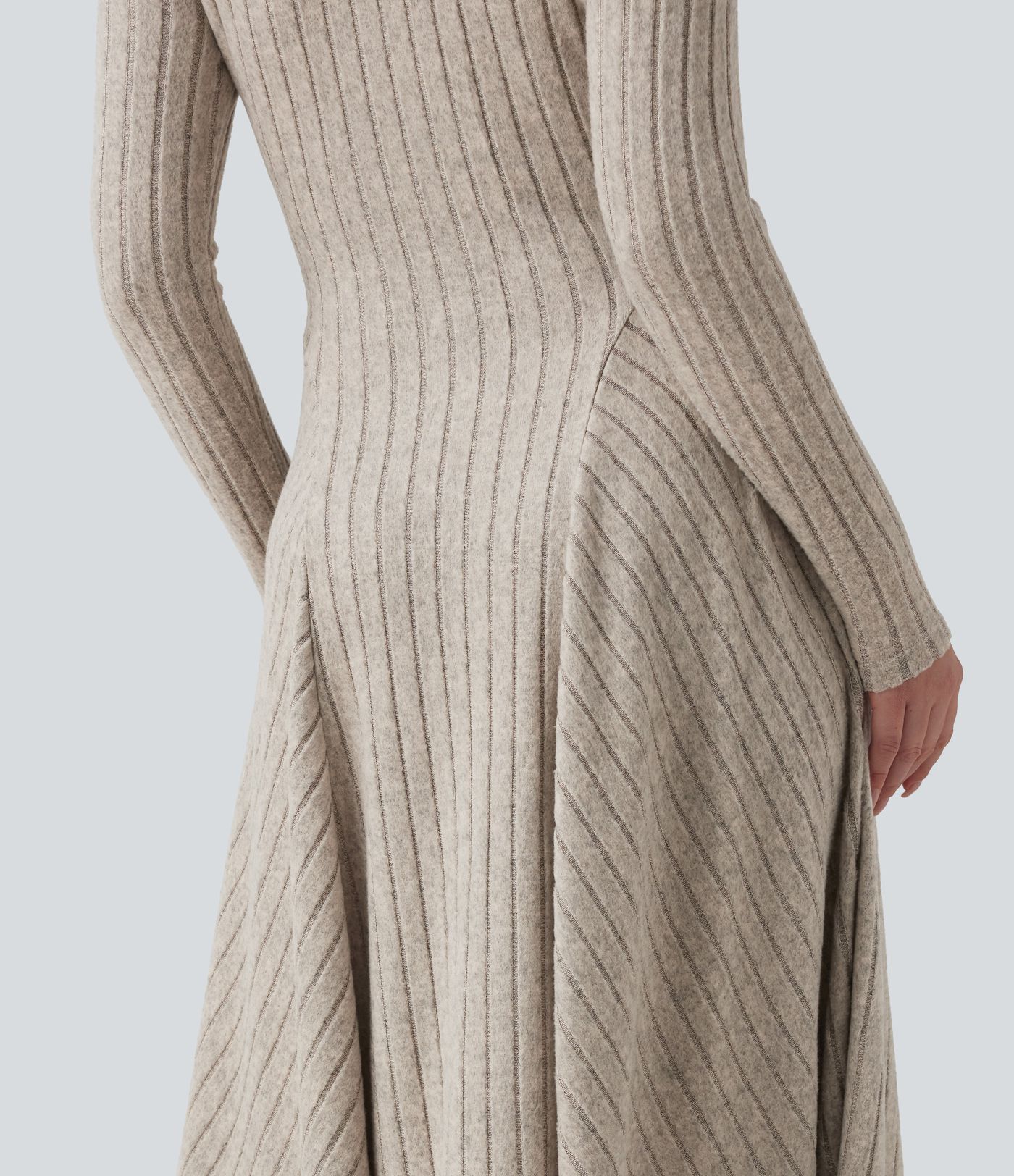Ribbed Knit V Neck Long Sleeve Flare Midi Casual Dress with Pockets