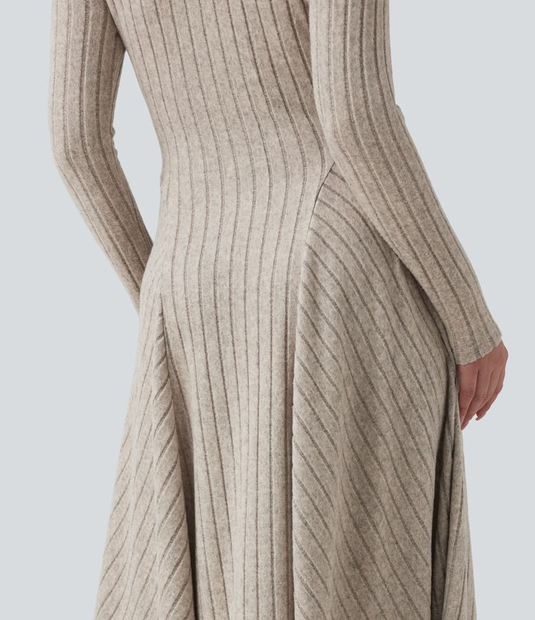 Ribbed Knit V Neck Long Sleeve Flare Midi Casual Dress with Pockets