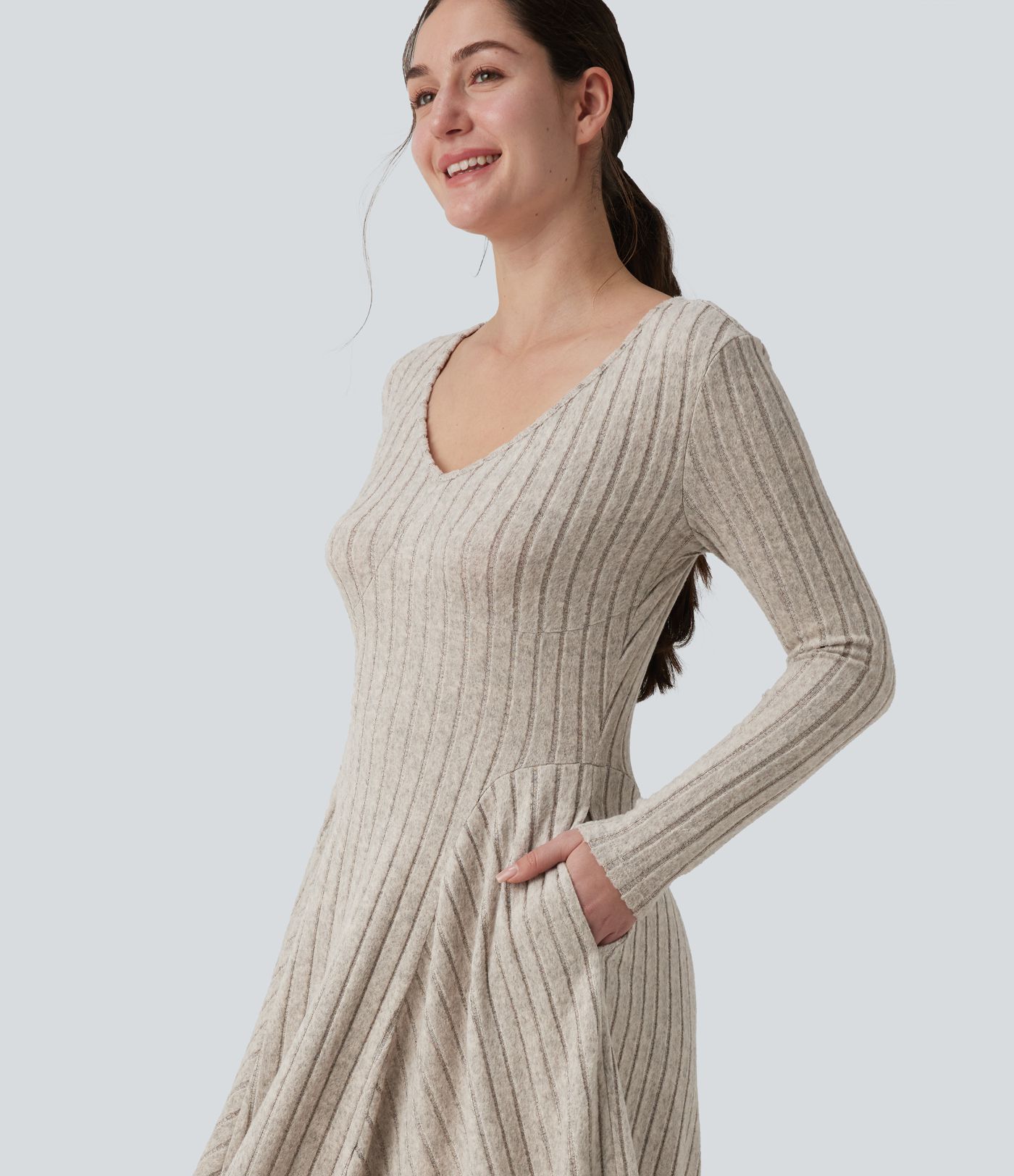 Ribbed Knit V Neck Long Sleeve Flare Midi Casual Dress with Pockets