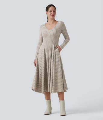 Ribbed Knit V Neck Long Sleeve Flare Midi Casual Dress with Pockets