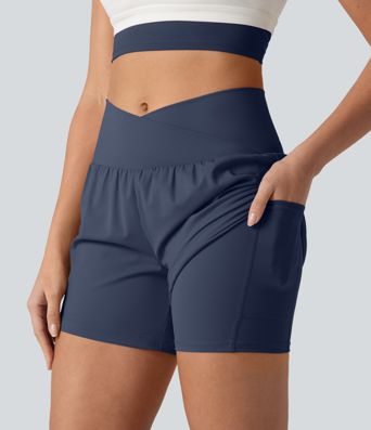SoftlyZero™ Airy Crossover High Waisted 2-in-1 Cool Touch Yoga Shorts 5'' with Pockets SoftlyZero™ Airy Crossover High Waisted 2-in-1 Cool Touch Yoga Shorts 5'' with Pockets