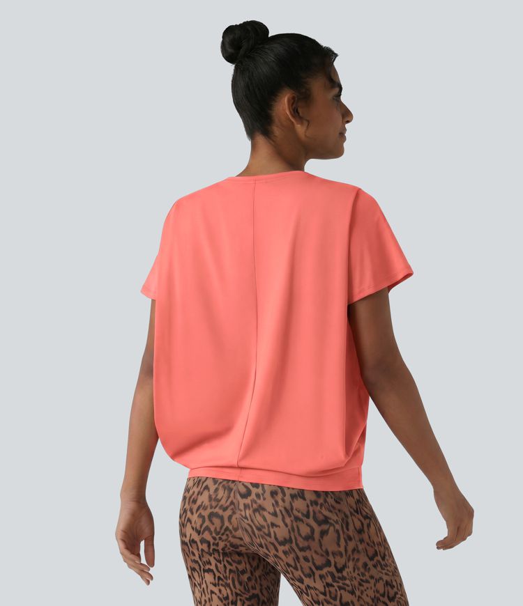 Round Neck Short Sleeve Ruched Cool Touch Yoga Sports Top-UPF50+