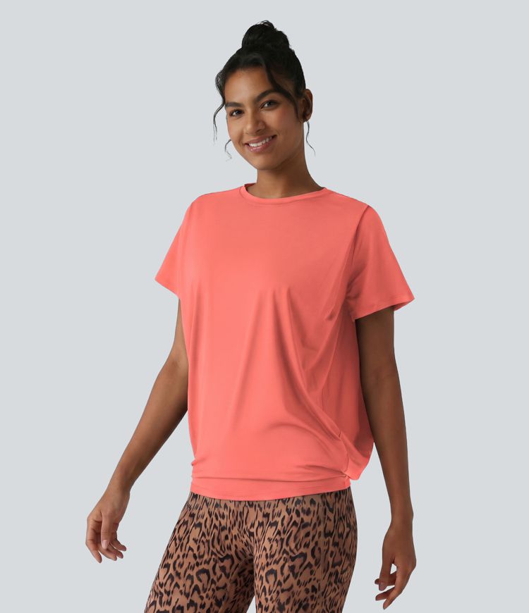 Round Neck Short Sleeve Ruched Cool Touch Yoga Sports Top-UPF50+