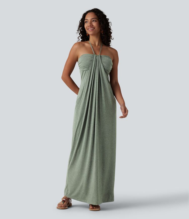 Halter Tie Back Built-in Bra Maxi Dress with Pockets