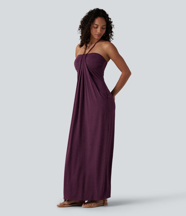 Halter Tie Back Built-in Bra Maxi Dress with Pockets