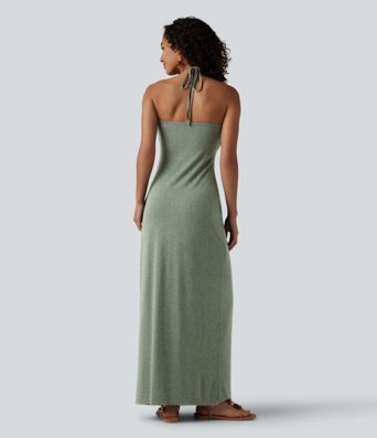 Halter Tie Back Built-in Bra Maxi Dress with Pockets