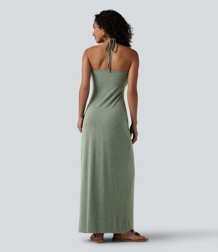 Halter Tie Back Built-in Bra Maxi Dress with Pockets