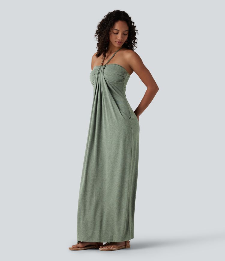Halter Tie Back Built-in Bra Maxi Dress with Pockets