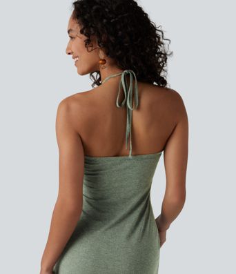 Halter Tie Back Built-in Bra Maxi Dress with Pockets