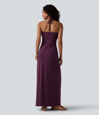 Halter Tie Back Built-in Bra Maxi Dress with Pockets
