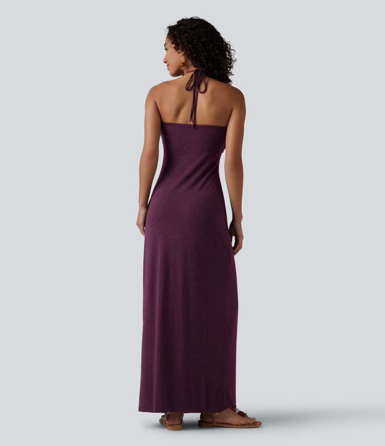 Halter Tie Back Built-in Bra Maxi Dress with Pockets