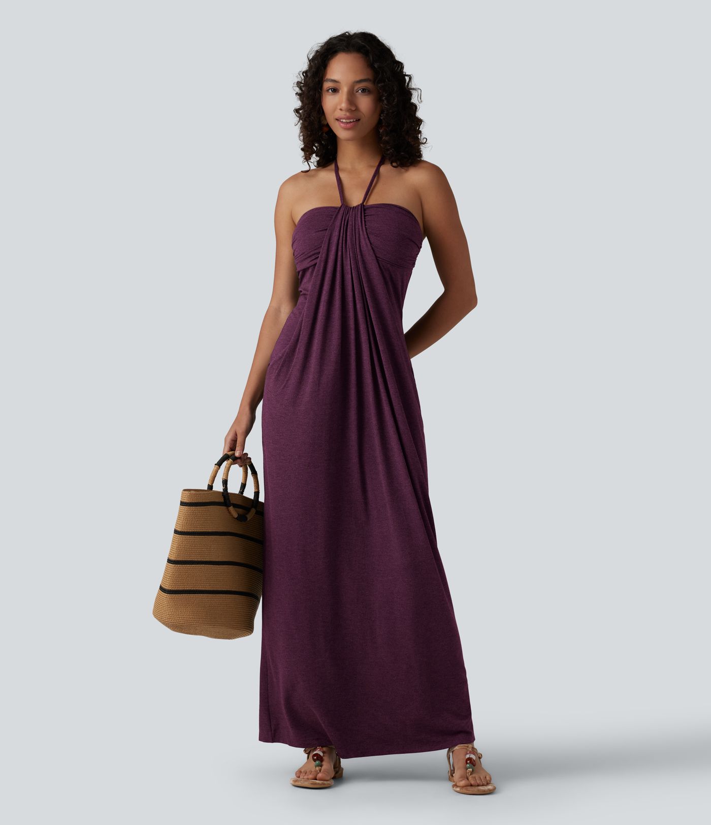 Halter Tie Back Built-in Bra Maxi Dress with Pockets