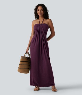 Halter Tie Back Built-in Bra Maxi Dress with Pockets