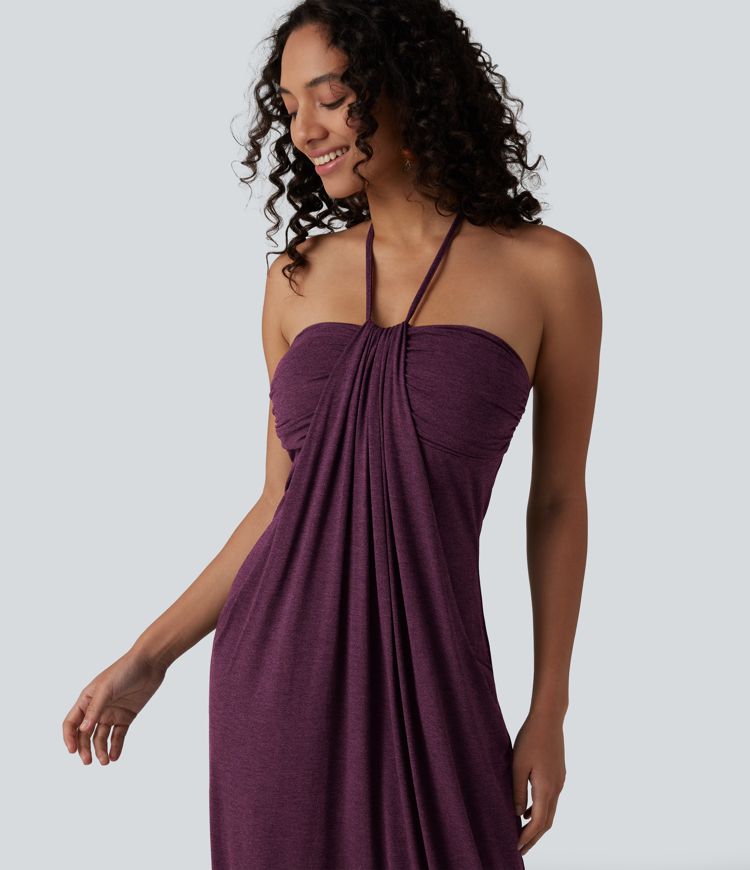 Halter Tie Back Built-in Bra Maxi Dress with Pockets