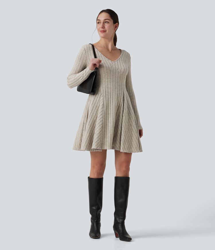 Ribbed Knit V Neck Long Sleeve Flare Mini Casual Dress with Pockets