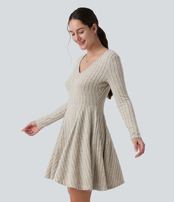 Ribbed Knit V Neck Long Sleeve Flare Mini Casual Dress with Pockets