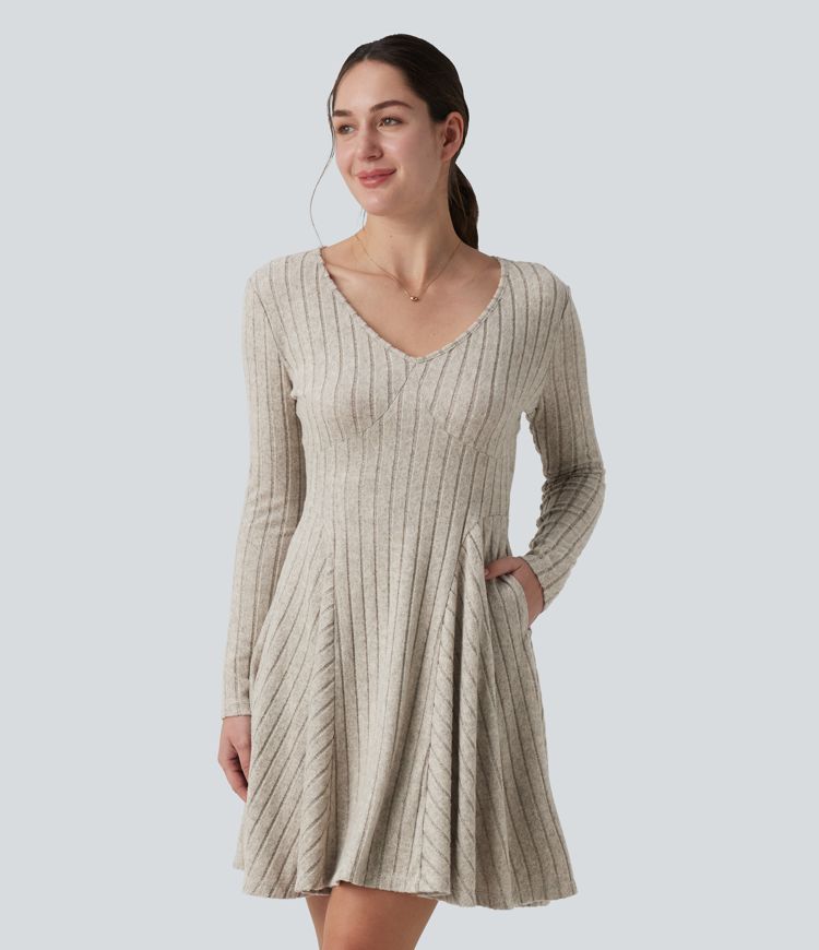 Ribbed Knit V Neck Long Sleeve Flare Mini Casual Dress with Pockets