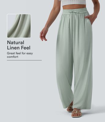 High Waisted Drawstring Wide Leg Casual Linen-Blend Trousers with Pockets