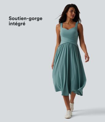 Robe décontractée midi fluide sans manches dos croisé, avec soutien-gorge intégré (Bonnets DD-F) et poches