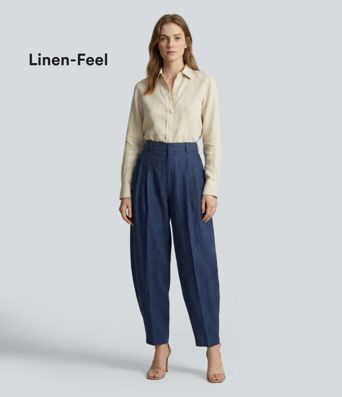 Bürohose in Leinenoptik mit mittelhohem Bund und Barrel-Leg