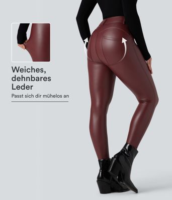 Lässige Leggings aus dehnbarem Kunstleder mit hohem Bund und Gesäßtaschen