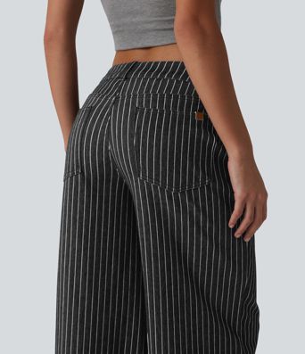 Halara Flex™ Asymmetric Low Rise Wide Leg Stripe Work Jeans with Pockets