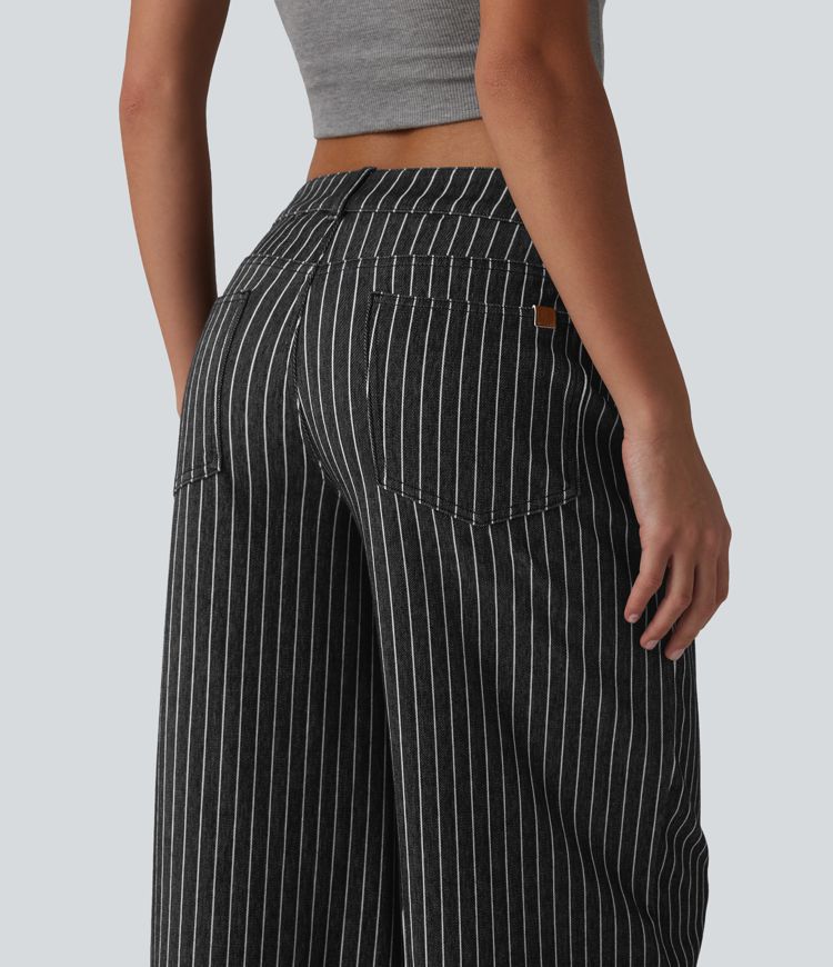Halara Flex™ Asymmetric Low Rise Wide Leg Stripe Work Jeans with Pockets
