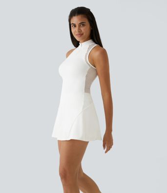 Half Zip Contrast Mesh Pocket 2-Piece Mini Tennis Active Dress