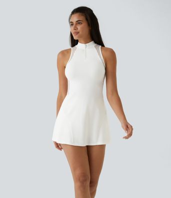 Half Zip Contrast Mesh Pocket 2-Piece Mini Tennis Active Dress