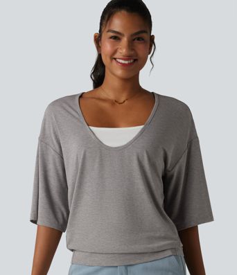Scoop Neck Half Sleeve Color Block Casual Top
