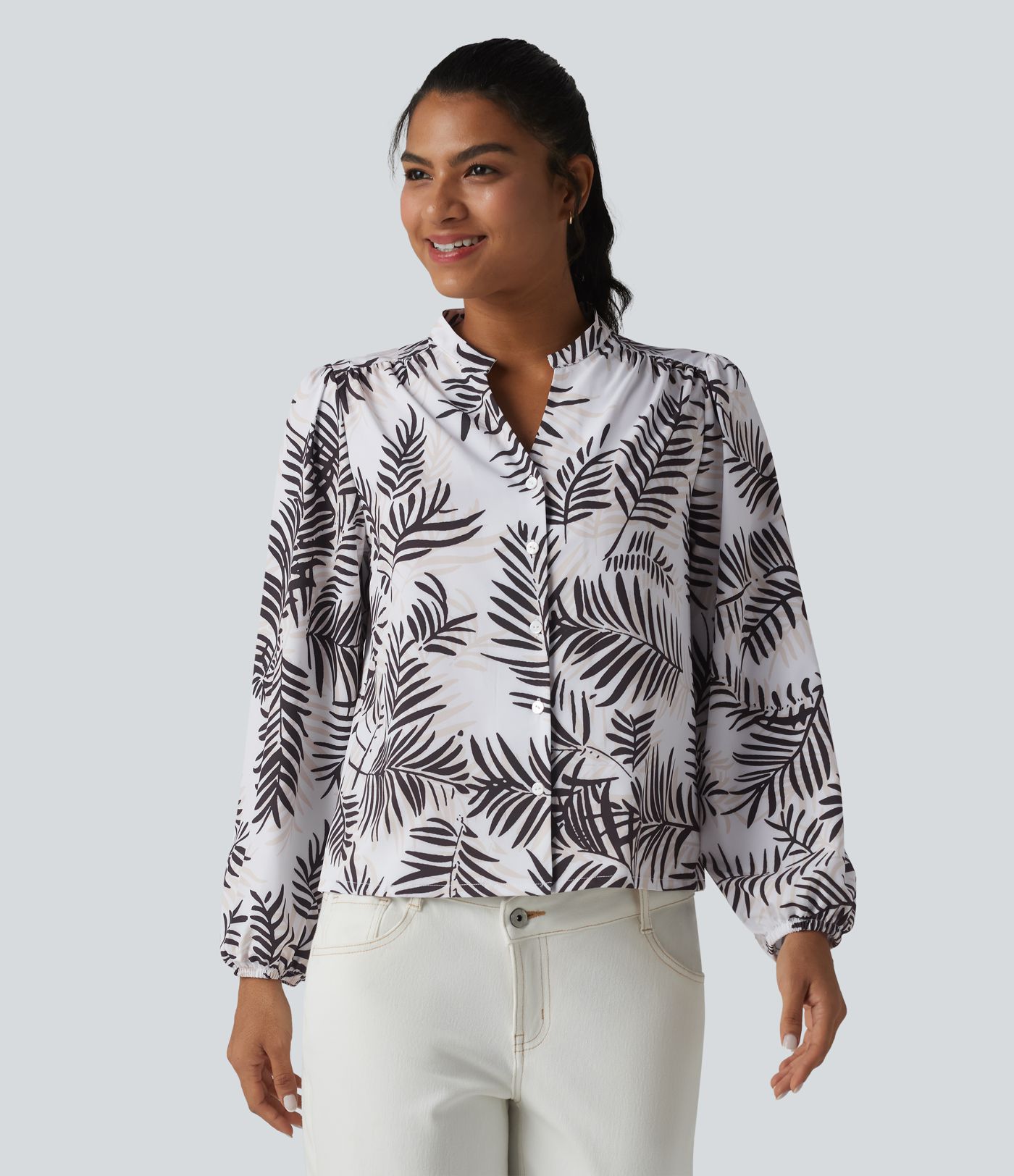V Neck Long Sleeve Tropical Botanical Print Work Blouse