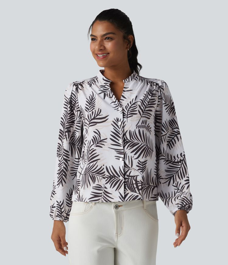 V Neck Long Sleeve Tropical Botanical Print Work Blouse