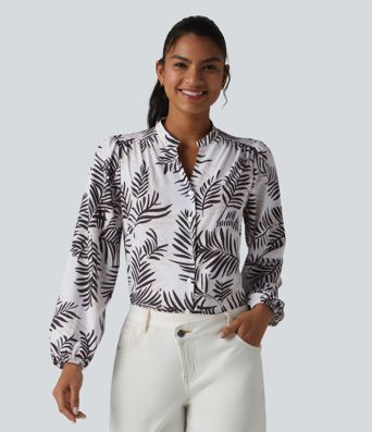 V Neck Long Sleeve Tropical Botanical Print Work Blouse