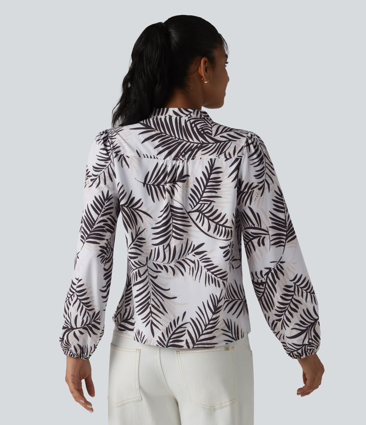V Neck Long Sleeve Tropical Botanical Print Work Blouse